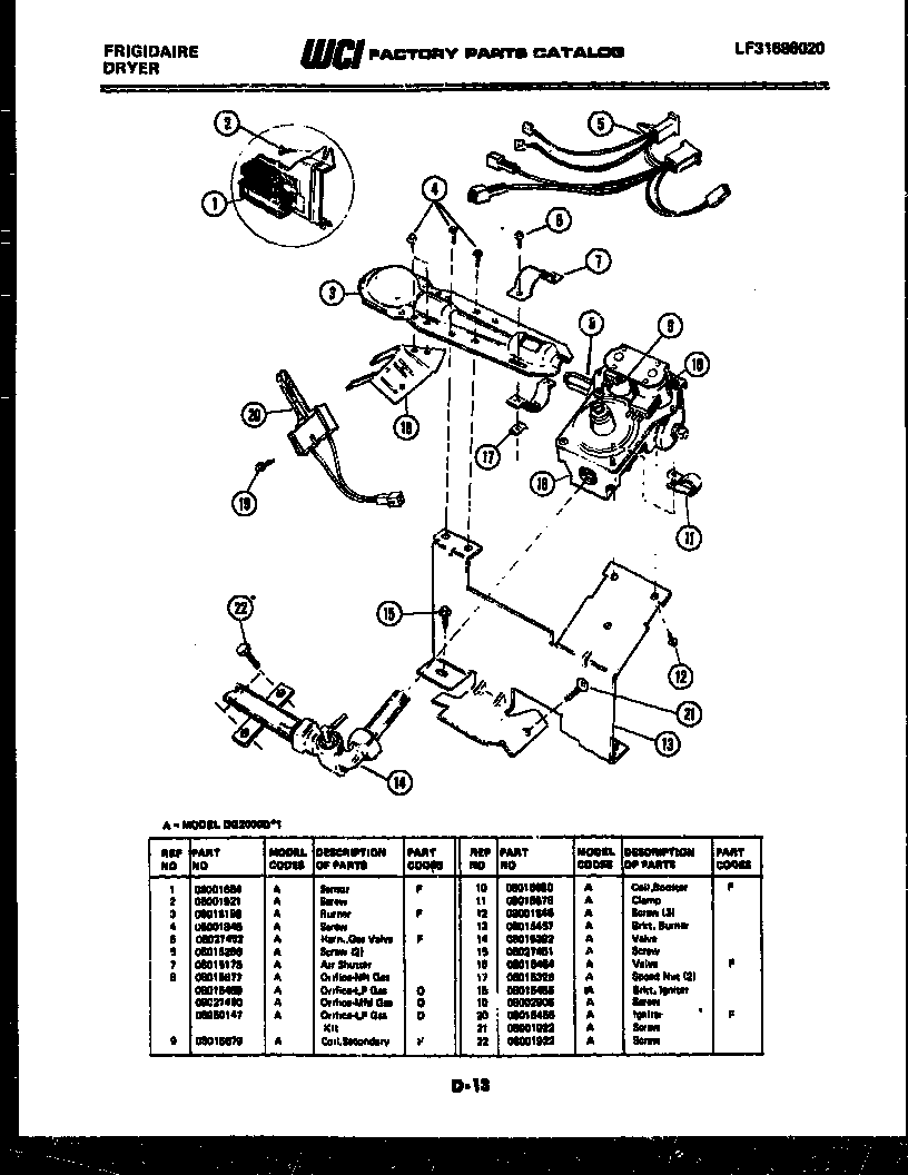 Frigidaire DG2000DW1 burner, igniter and valve diagram
