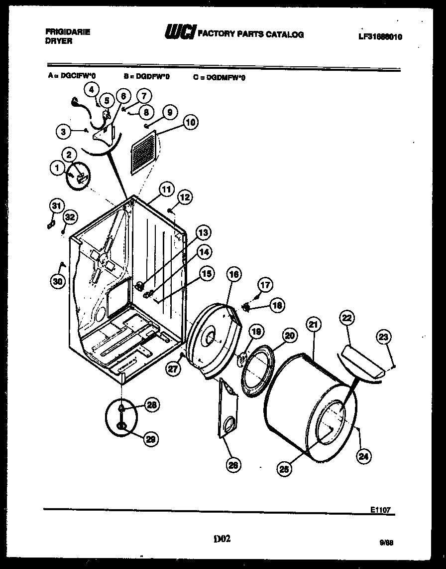Frigidaire DGDMFW0 cabinet and component parts diagram
