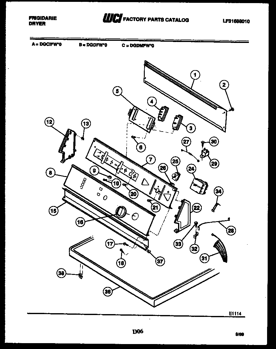 Frigidaire DGDMFW0 console and control parts diagram