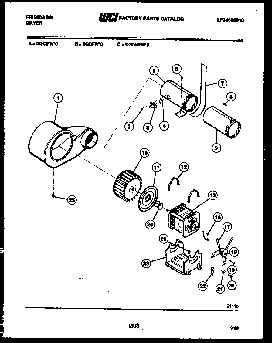 Frigidaire DGDMFW0 motor and blower parts diagram