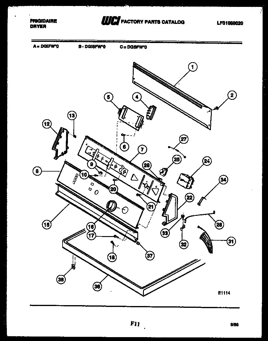 Frigidaire DGSFL0 console and control parts diagram