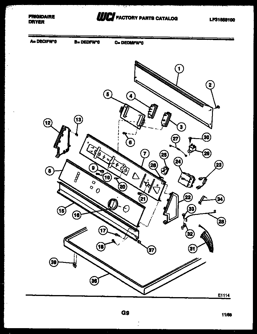 Frigidaire DECIFH0 console and control parts diagram