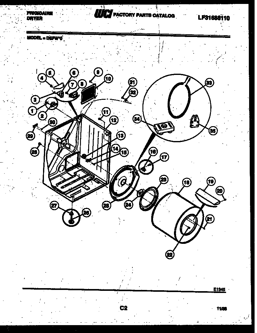 Frigidaire DEFW0 cabinet and component parts diagram