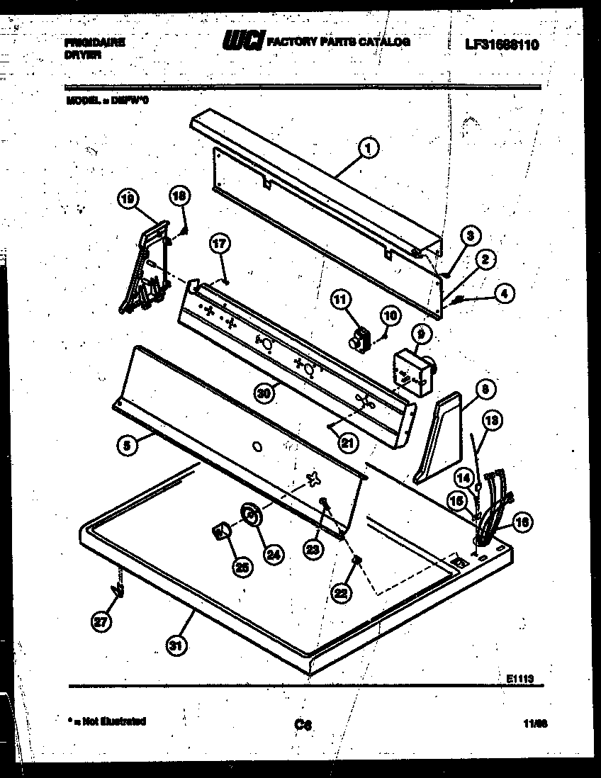 Frigidaire DEFW0 console and control parts diagram