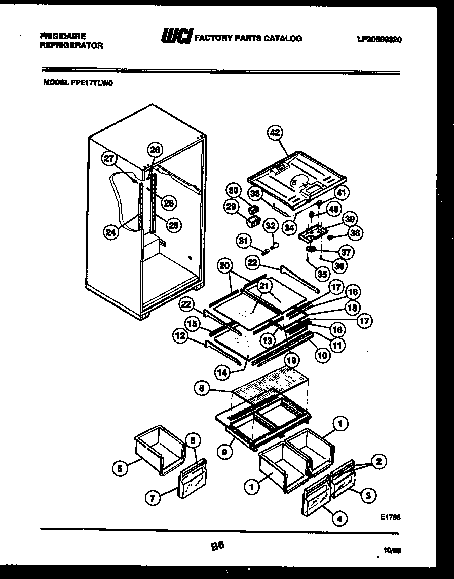 Frigidaire FPE17TLW0 shelves and supports diagram