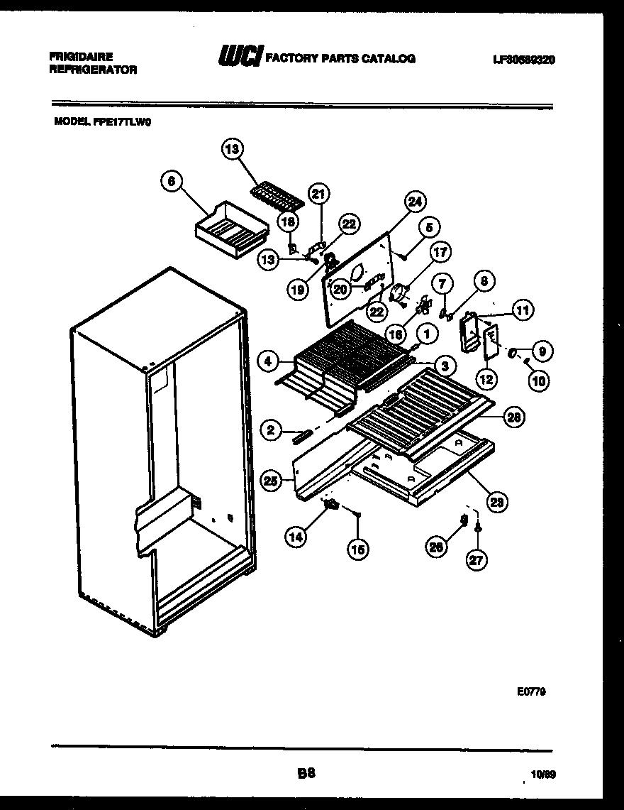 Frigidaire FPE17TLW0 shelves and supports diagram