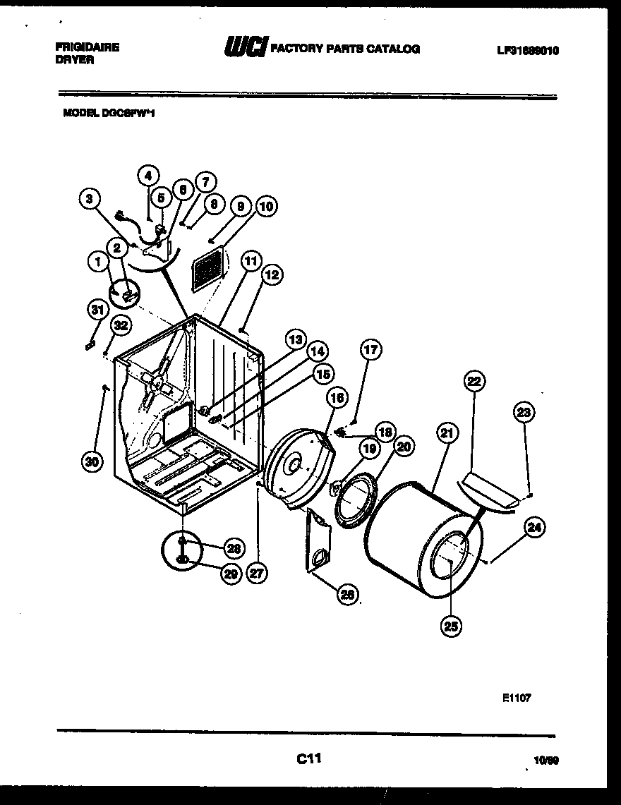 Frigidaire DGCSFW1 cabinet and component parts diagram