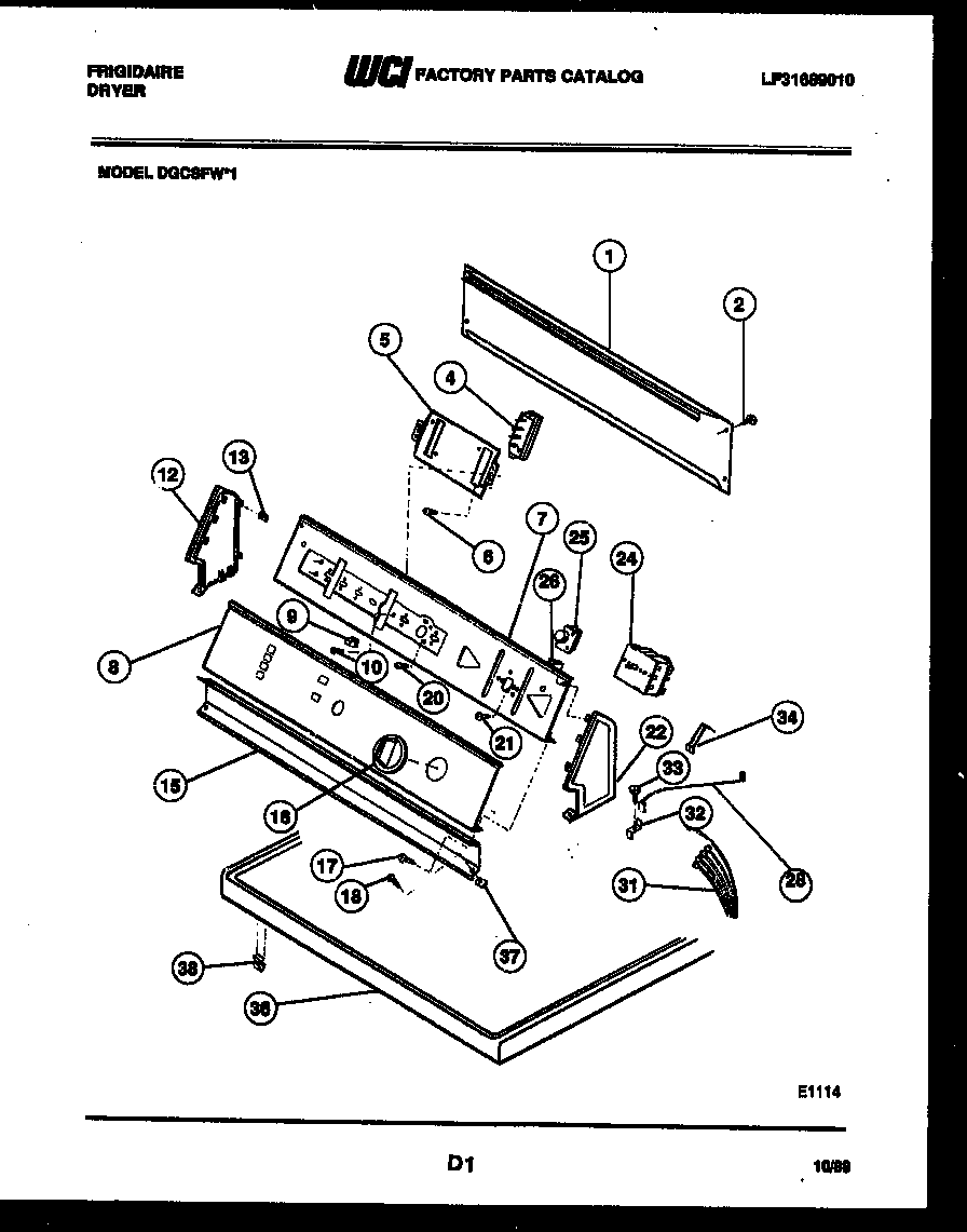 Frigidaire DGCSFW1 console and control parts diagram