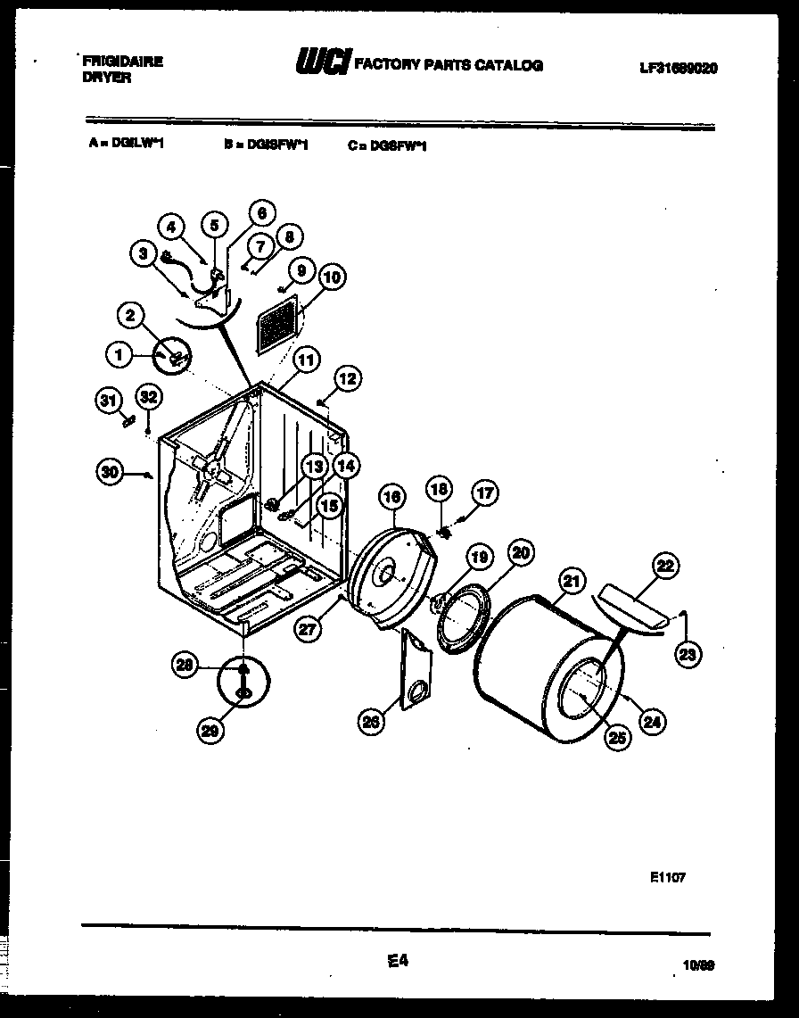 Frigidaire DGSFL1 cabinet and component parts diagram
