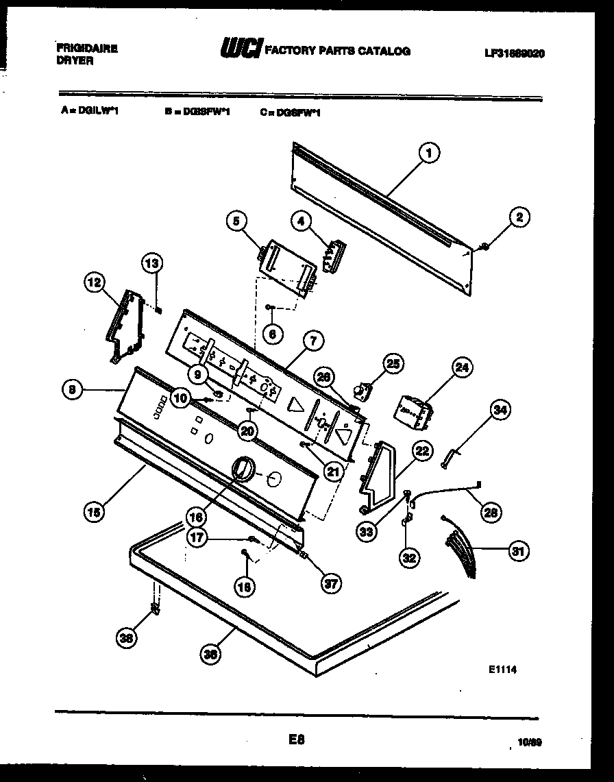 Frigidaire DGSFL1 console and control parts diagram