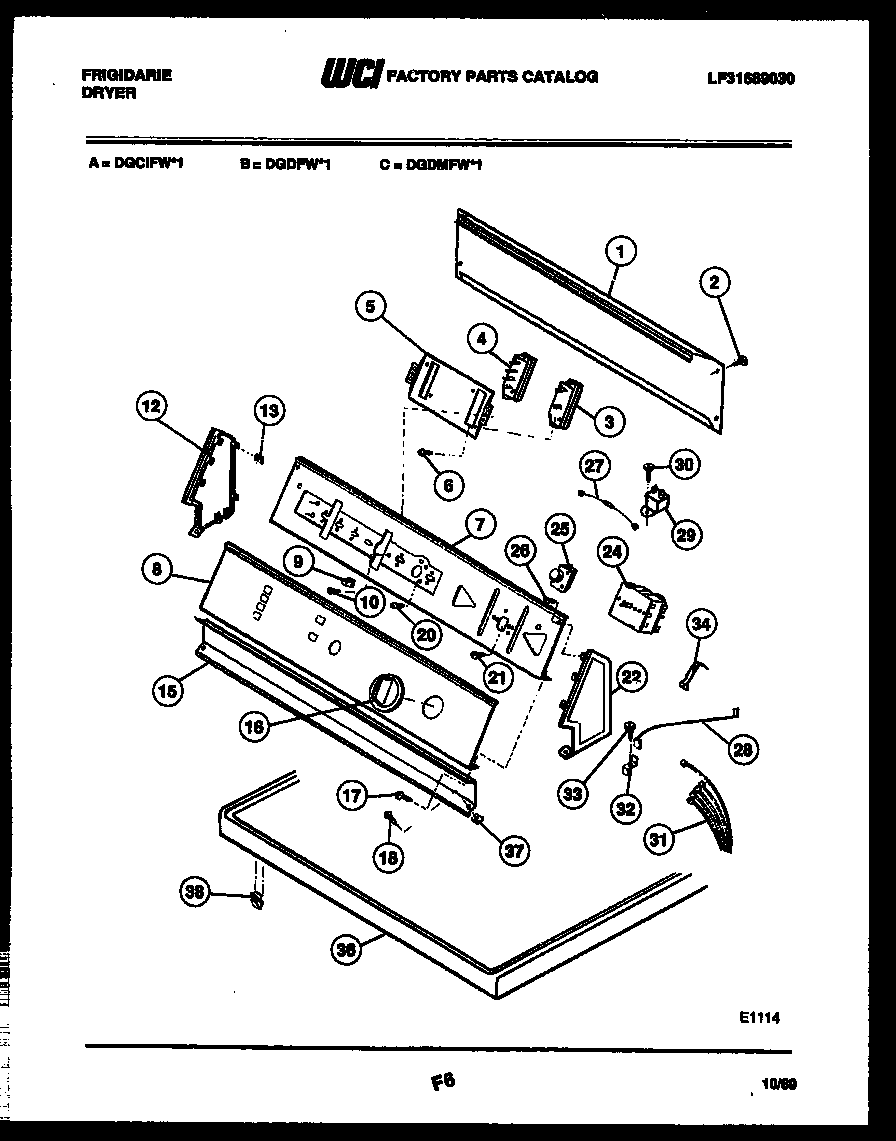 Frigidaire DGCIFL1 console and control parts diagram