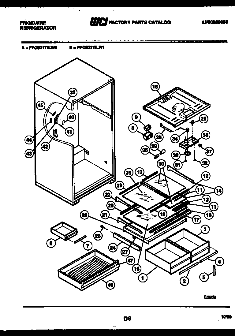 Frigidaire FPCE21TILW1 shelves and supports diagram