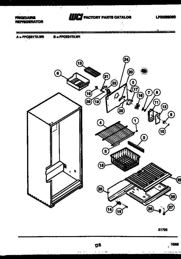 Frigidaire FPCE21TILW1 shelves and supports diagram