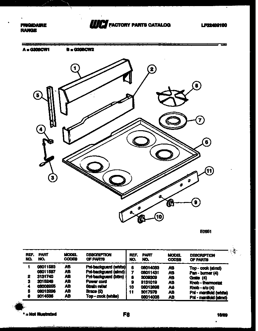 Frigidaire G30BCW1 backguard and cooktop parts diagram