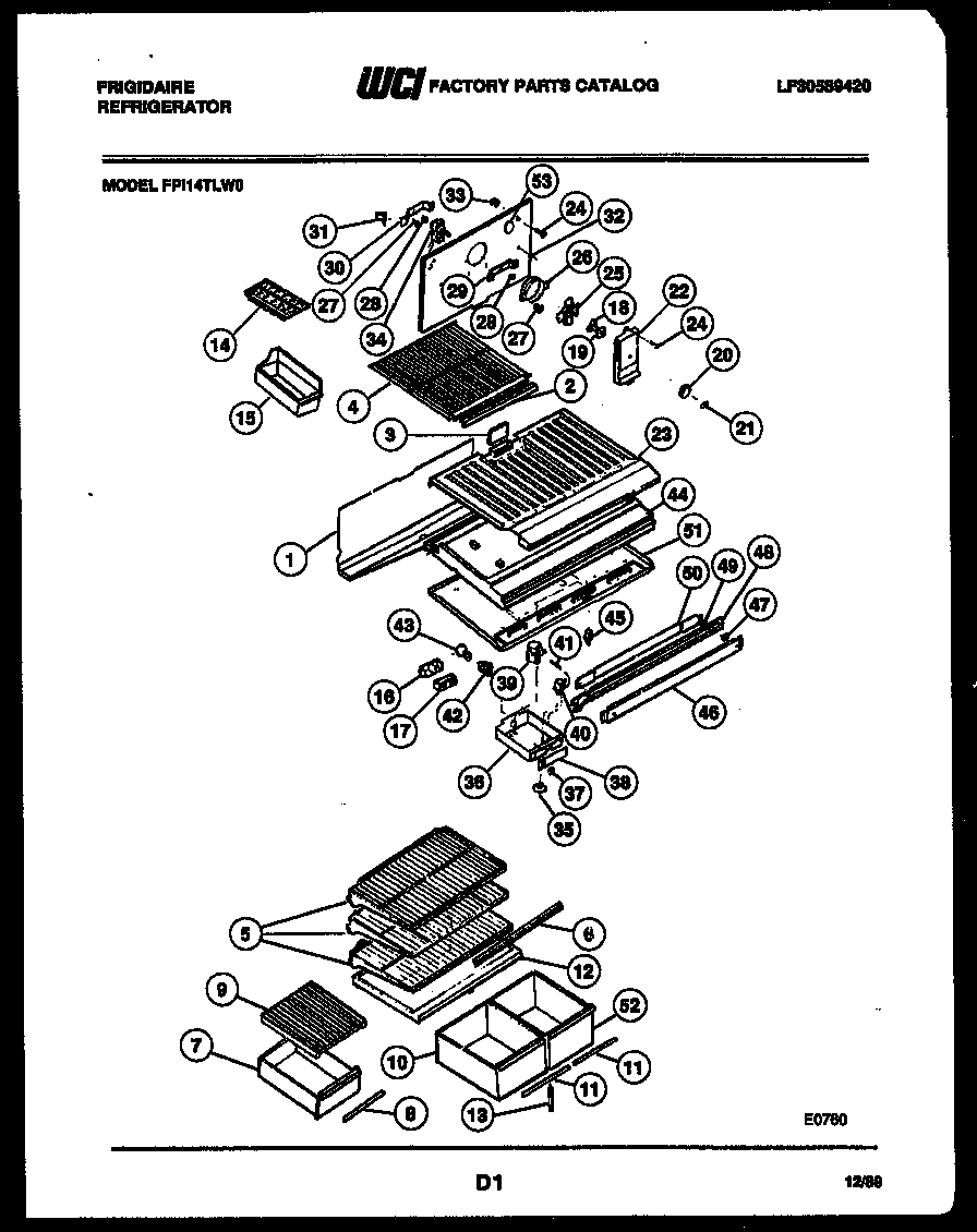 Frigidaire FPI14TLF0 shelves and supports diagram