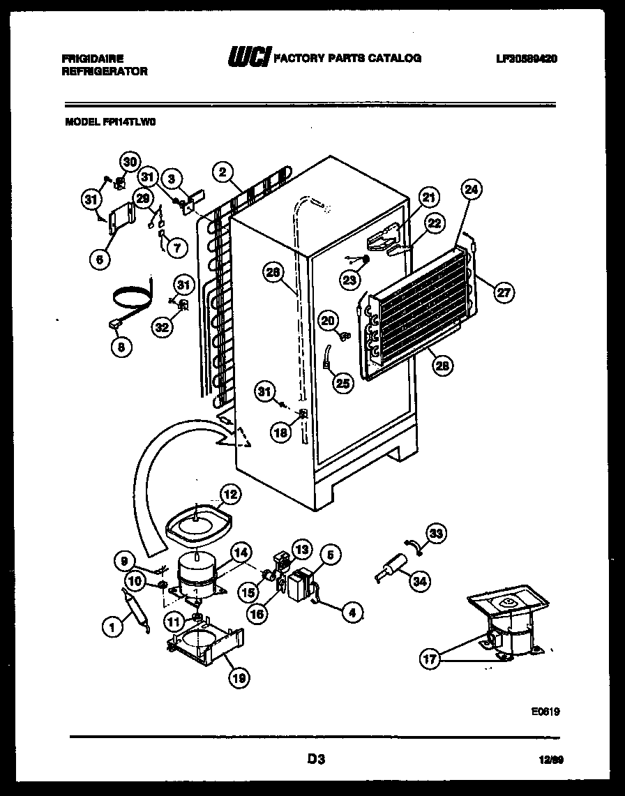 Frigidaire FPI14TLF0 system and automatic defrost parts diagram
