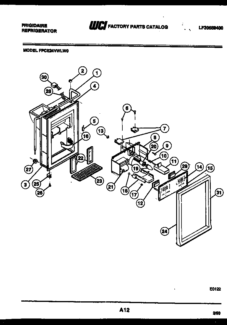 Frigidaire FPCE24VWLL0 ice door, dispenser and water tanks diagram