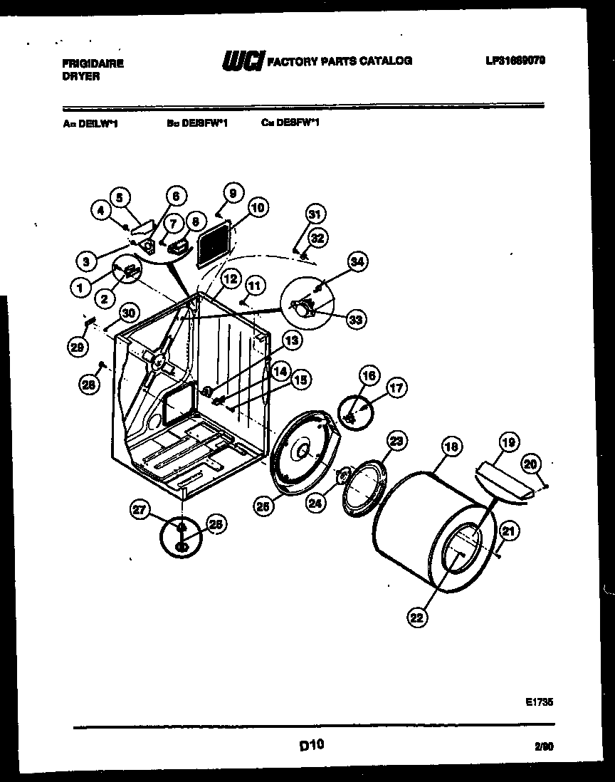 Frigidaire DEILW1 cabinet and component parts diagram