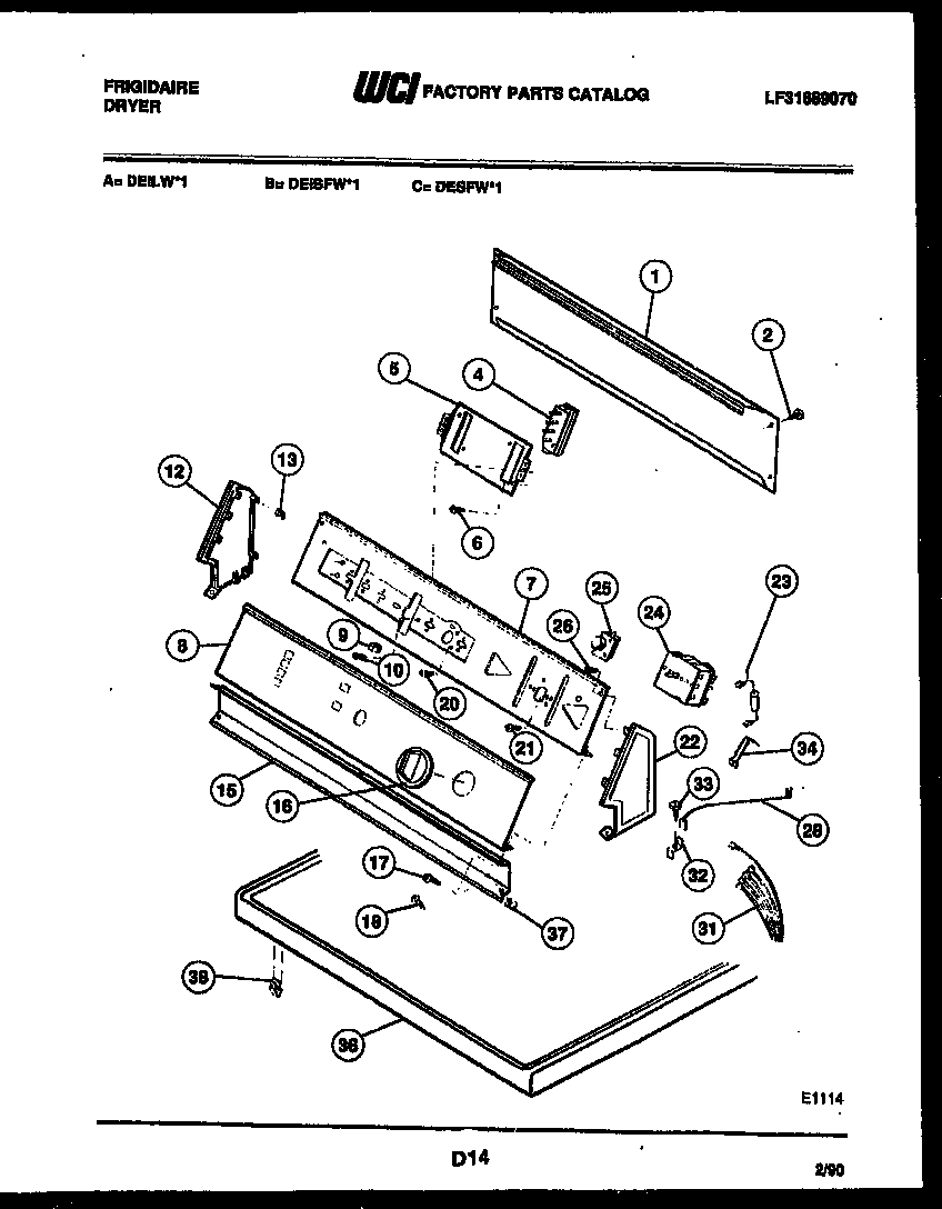 Frigidaire DEILW1 console and control parts diagram
