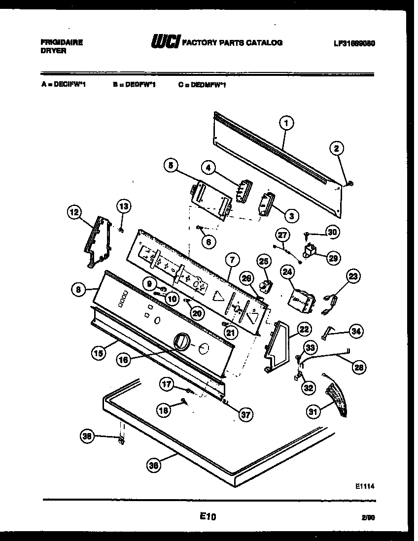 Frigidaire DEDMFL1 console and control parts diagram