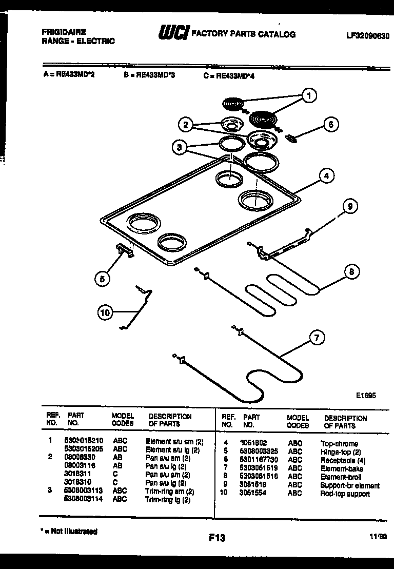 Frigidaire RE433MDB4 cooktop and broiler parts diagram