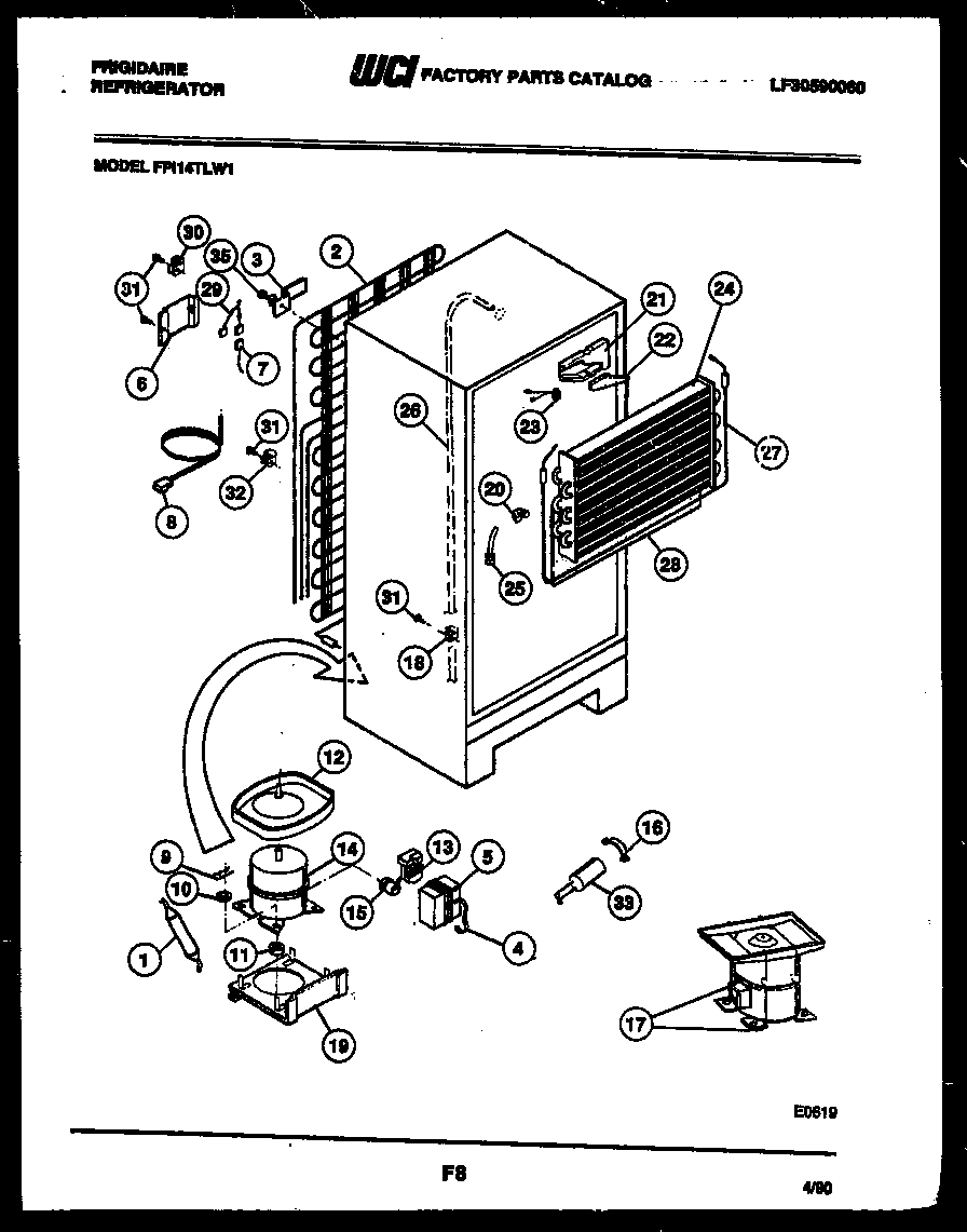 Frigidaire FPI14TLF1 system and automatic defrost parts diagram