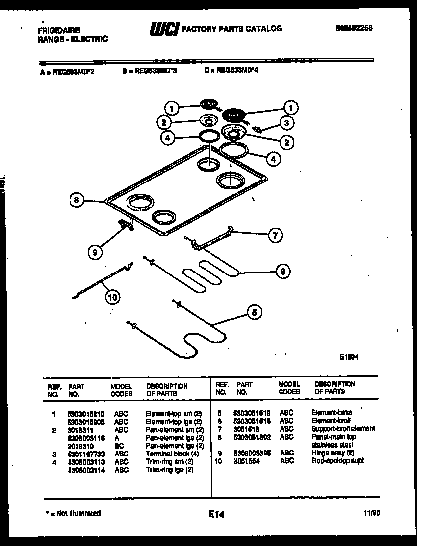 Frigidaire REG533MDM4 cooktop and broiler parts diagram