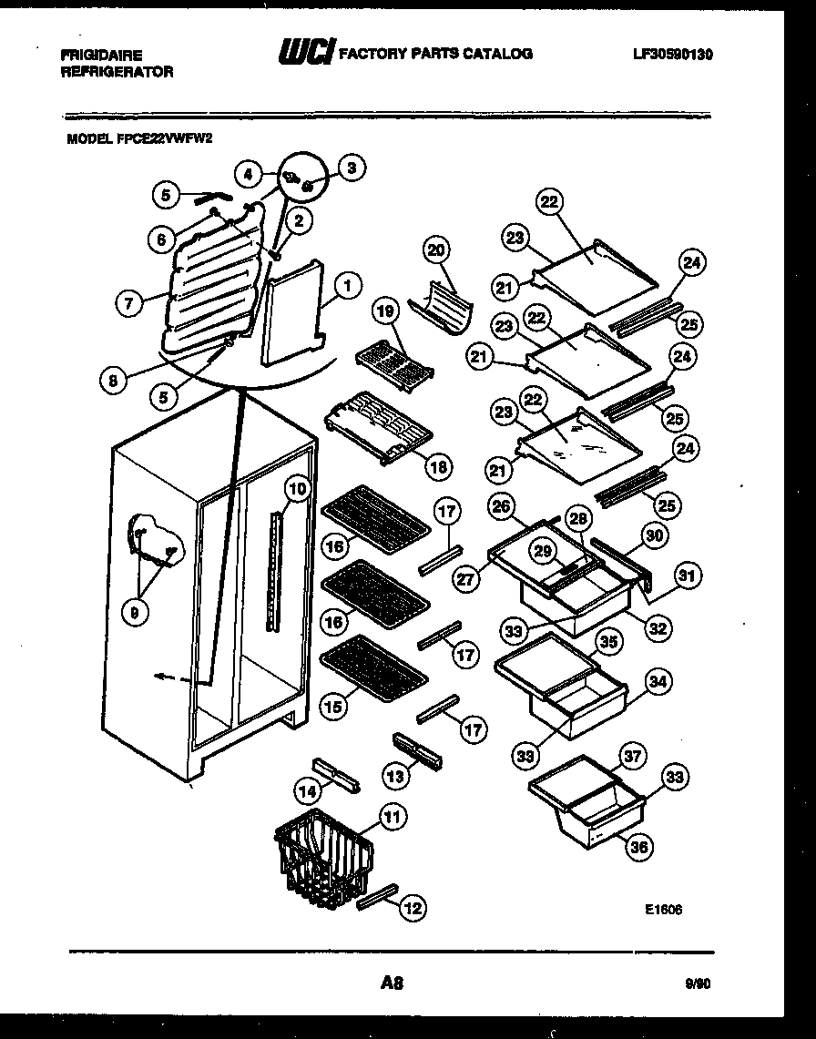 Frigidaire FPCE22VWFF2 shelves and supports diagram