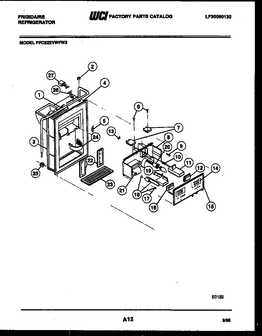 Frigidaire FPCE22VWFF2 ice door, dispenser and water tank diagram