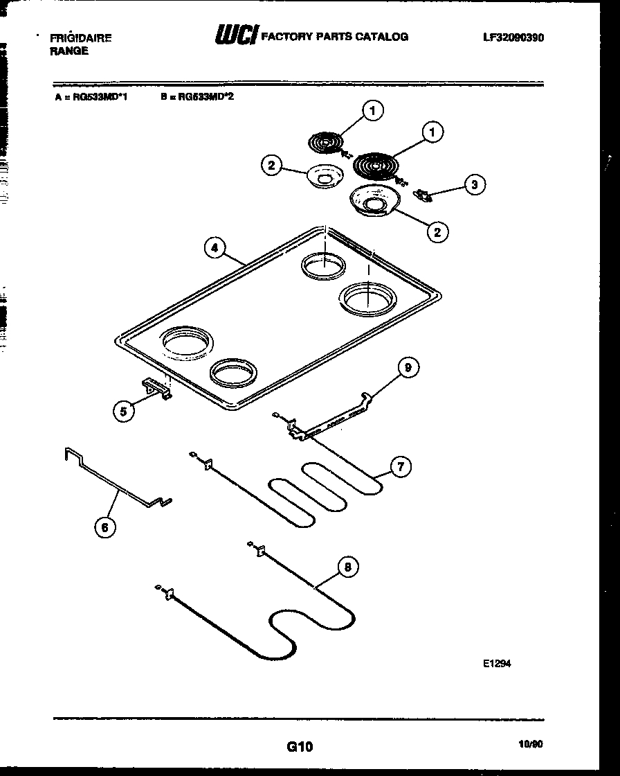 Frigidaire RG533MDW1 cooktop and broiler parts diagram