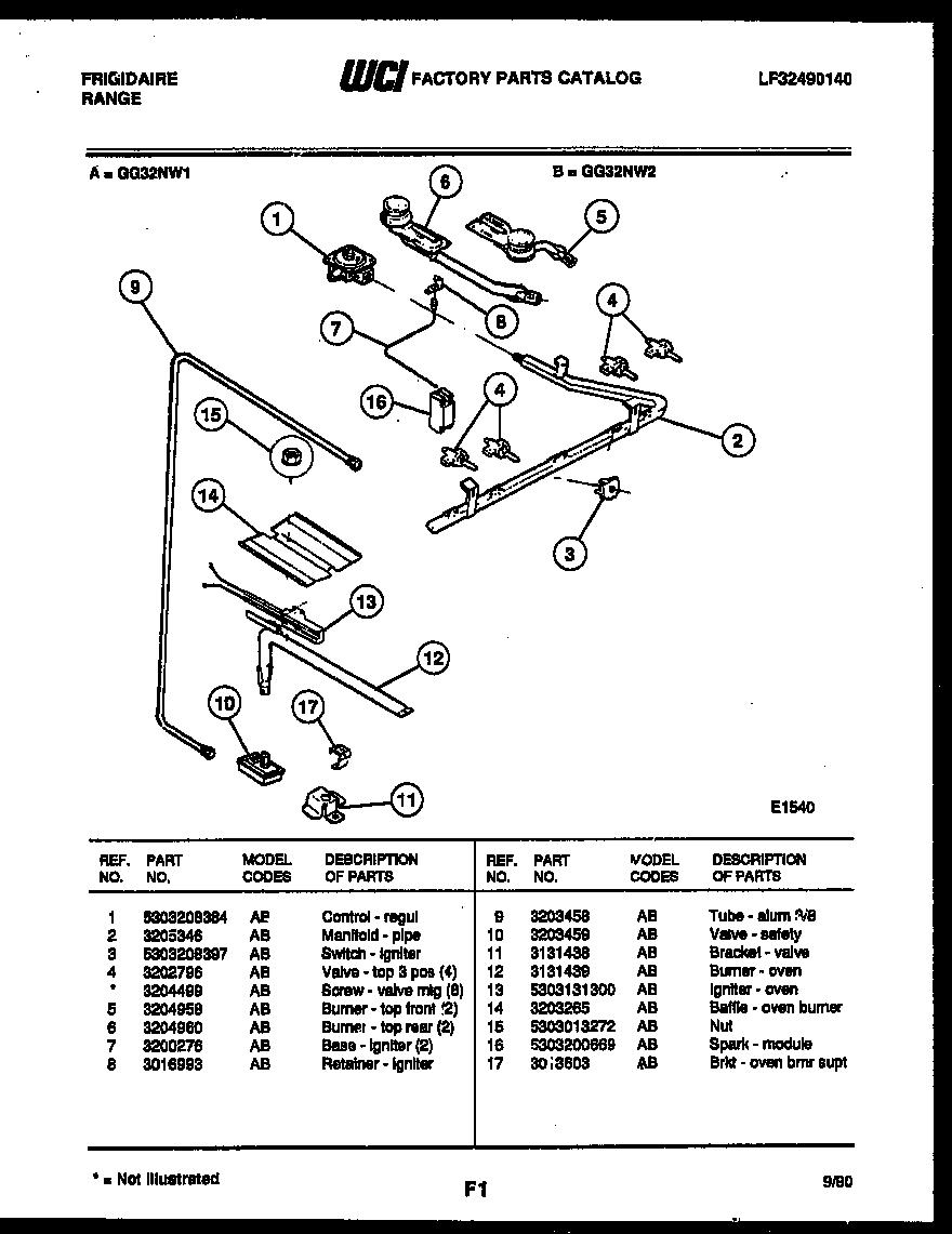 Frigidaire GG32NW2 burner, manifold and gas control diagram