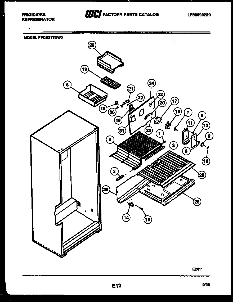 Frigidaire FPCE21TNW0 shelves and supports diagram