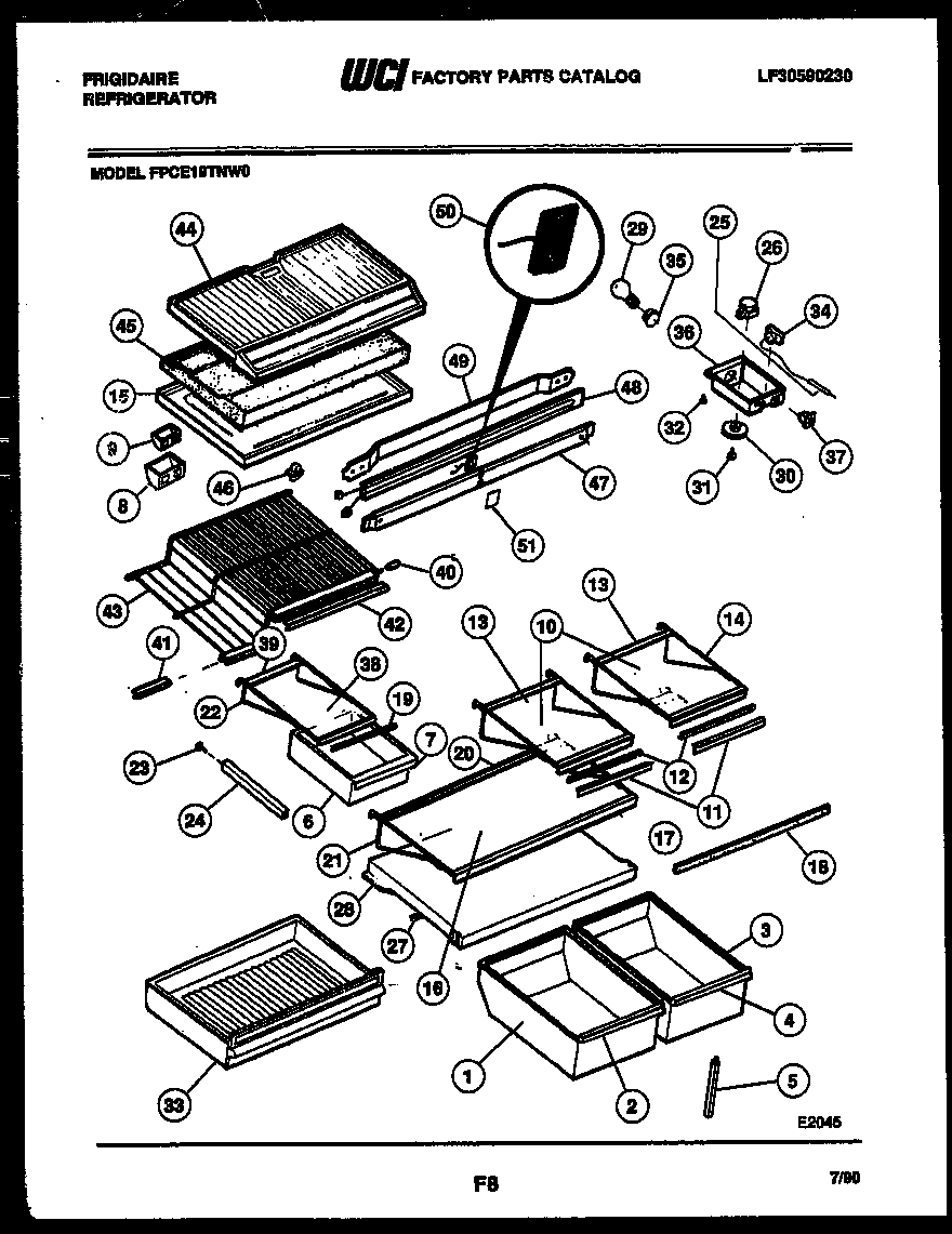 Frigidaire FPCE19TNA0 shelves and supports diagram