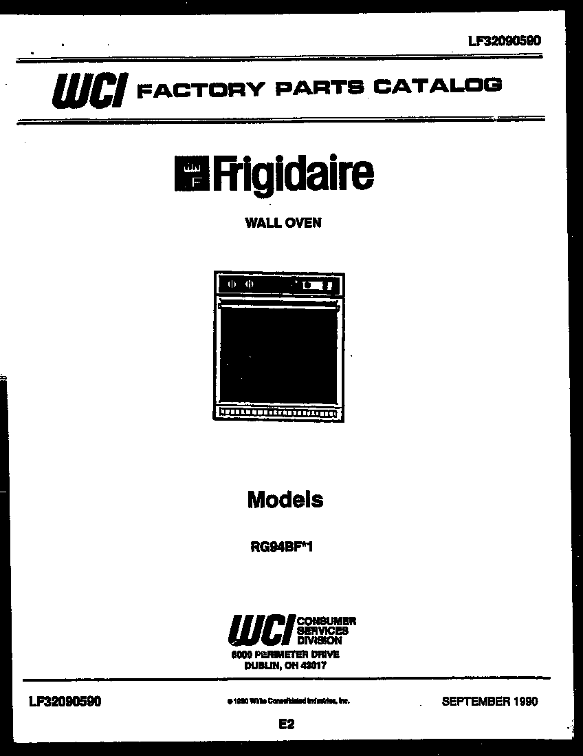 Frigidaire RG94BFB1 cover page- text only diagram