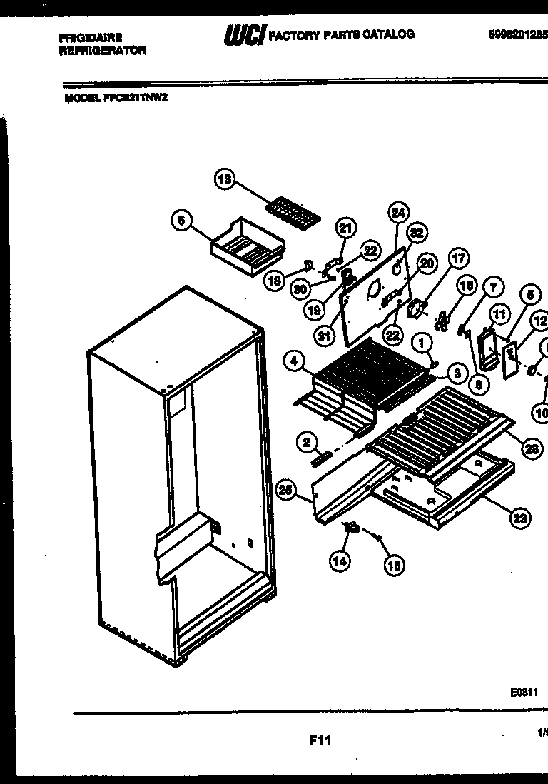 Frigidaire FPCE21TNW2 shelves and supports diagram