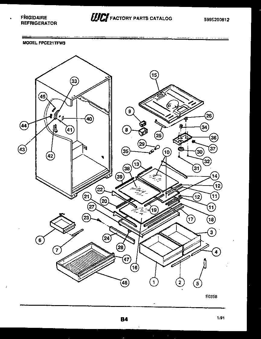 Frigidaire FPCE21TFW3 shelves and supports diagram