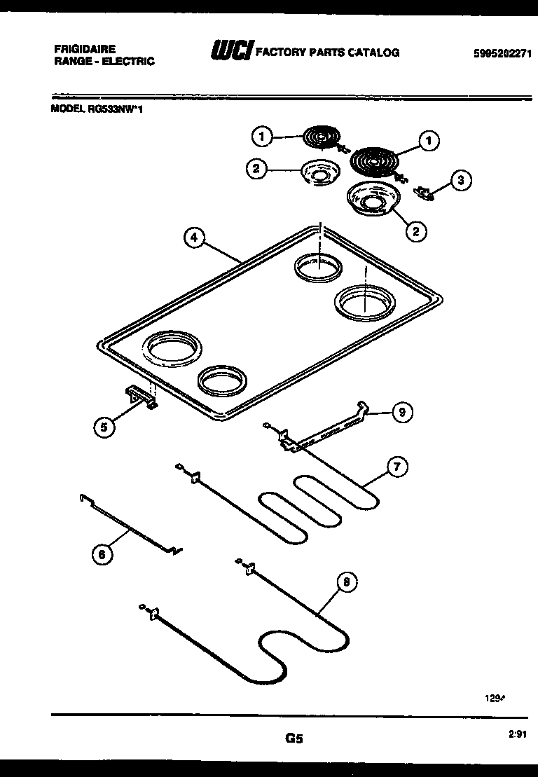 Frigidaire RG533NL1 cooktop and broiler parts diagram