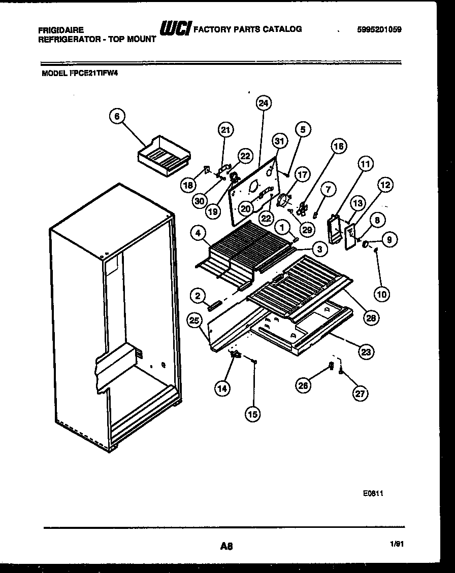 Frigidaire FPCE21TIFL4 shelves and supports diagram