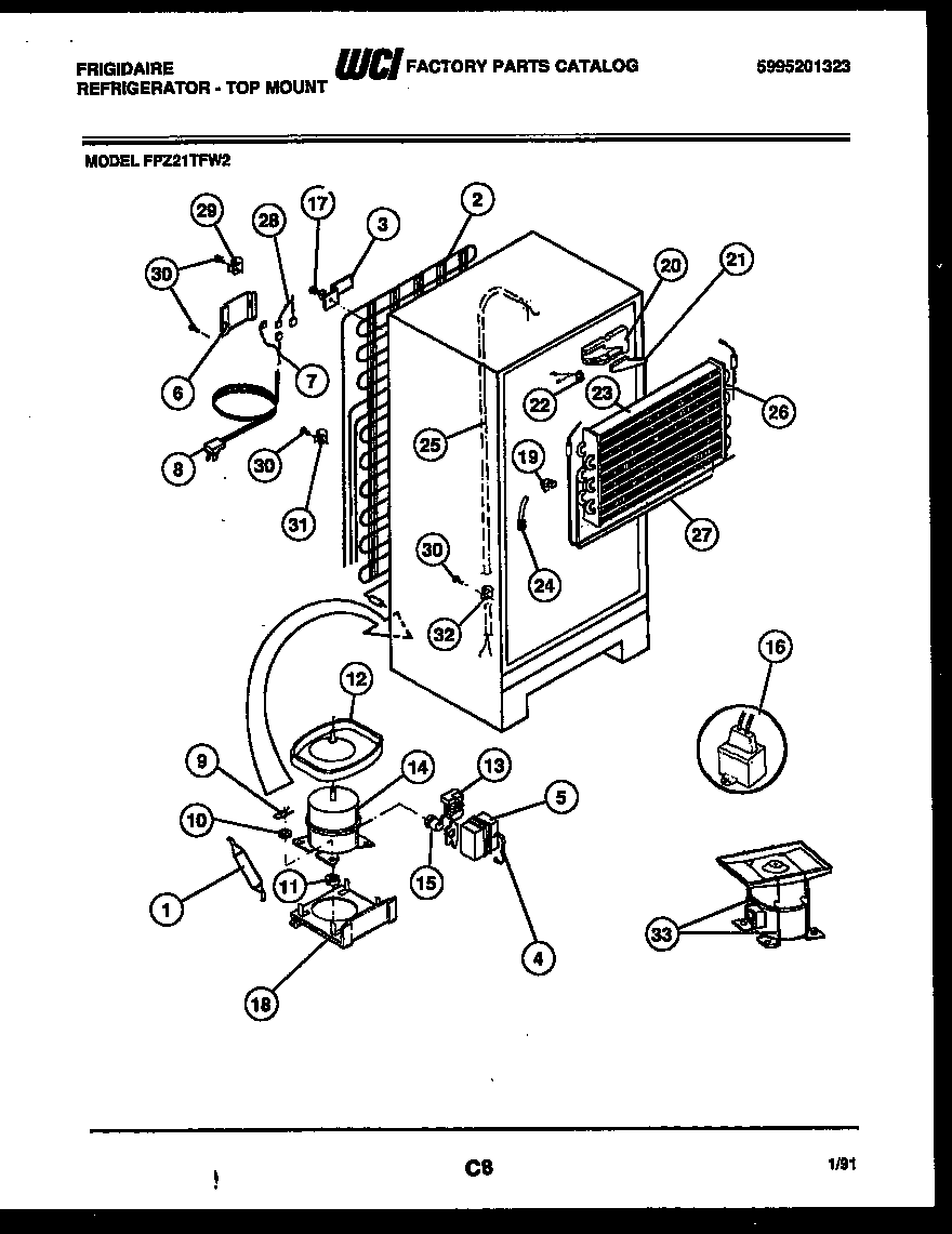 Frigidaire FPZ21TFW2 system and automatic defrost parts diagram