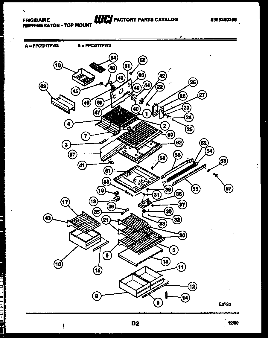 Frigidaire FPCI21TFW3 shelves and supports diagram