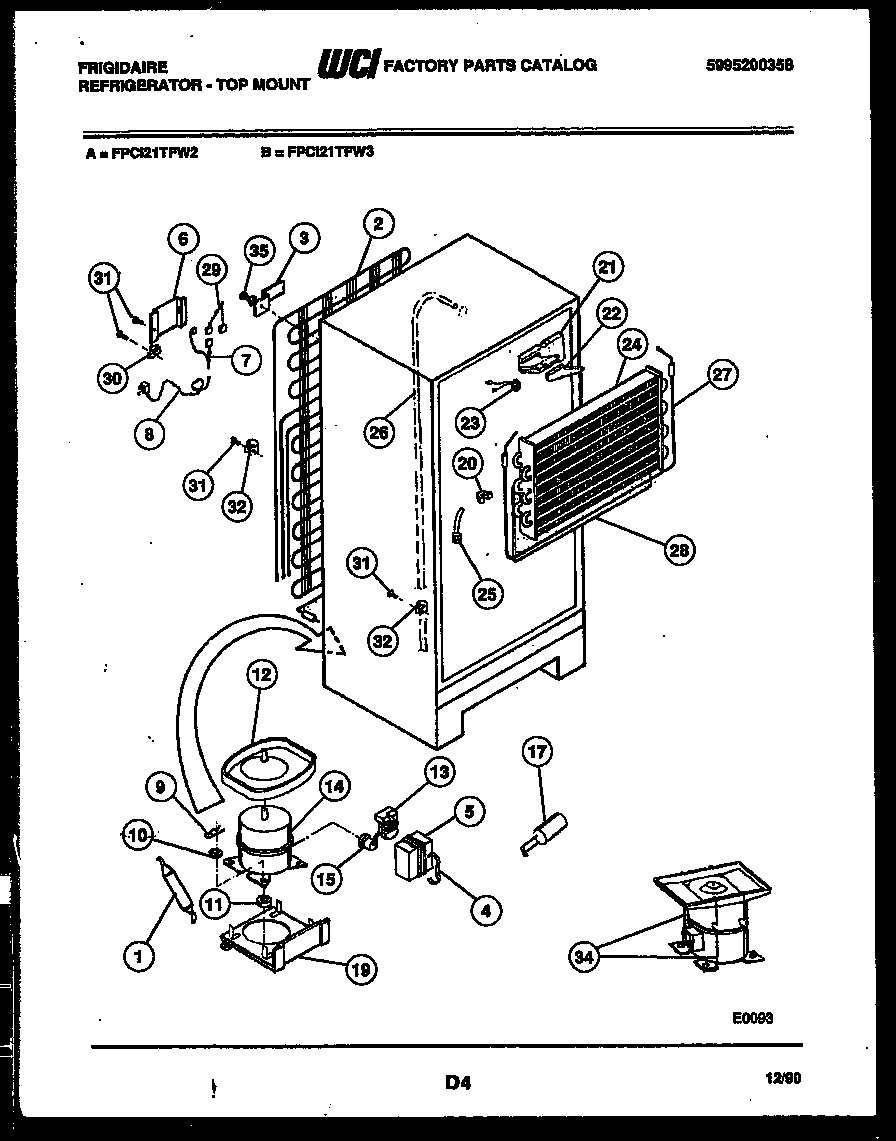 Frigidaire FPCI21TFW3 system and automatic defrost parts diagram