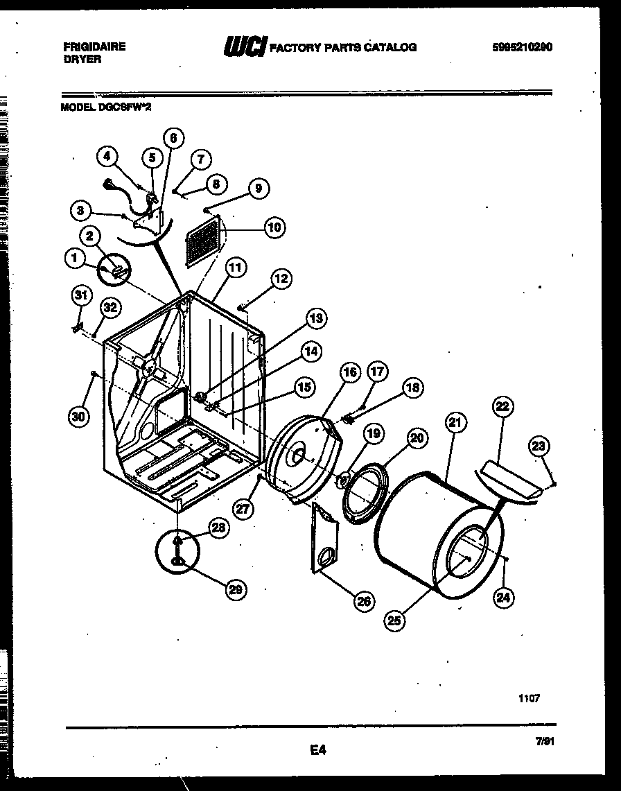 Frigidaire DGCSFW2 cabinet and component parts diagram