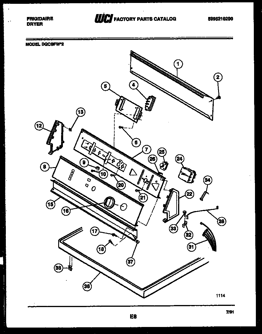 Frigidaire DGCSFW2 console and control parts diagram