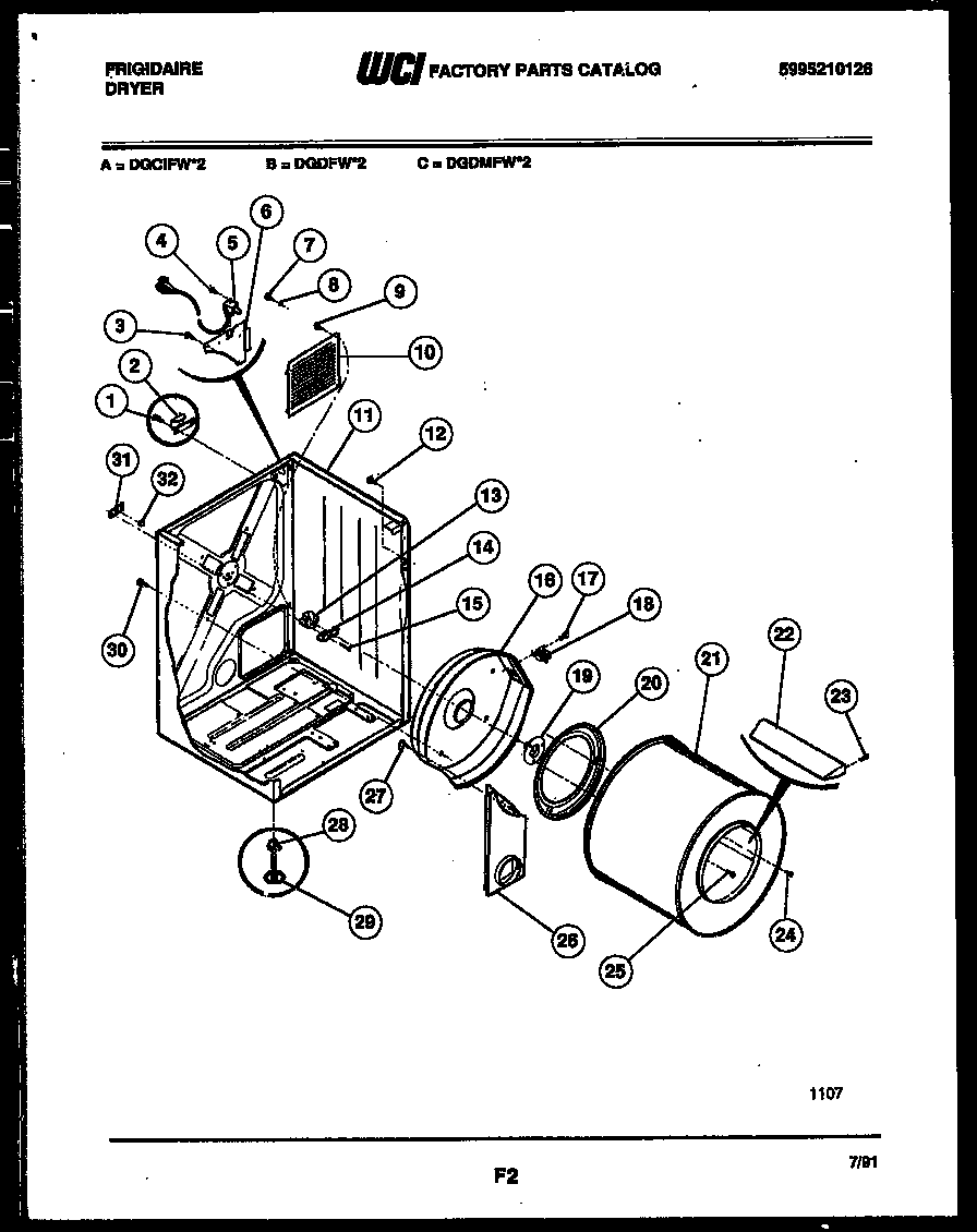Frigidaire DGDFW2 cabinet and component parts diagram
