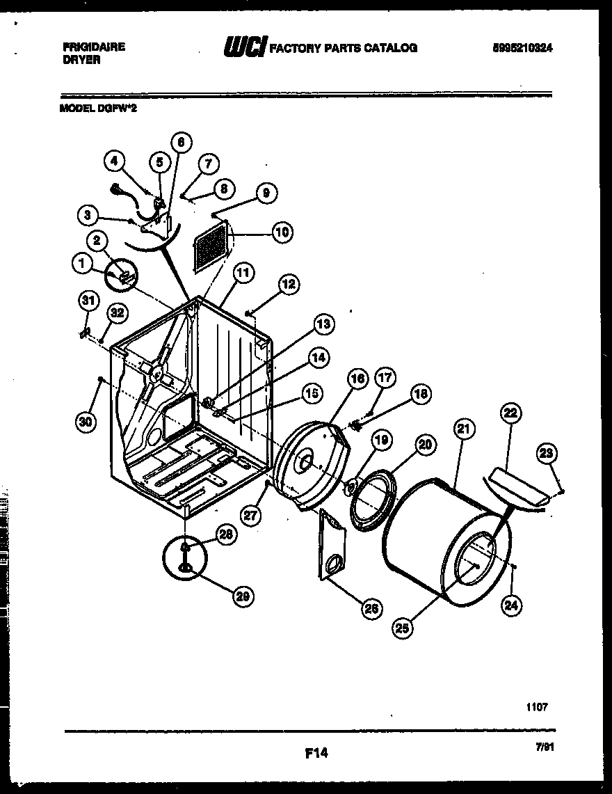 Frigidaire DGFW2 cabinet and component parts diagram