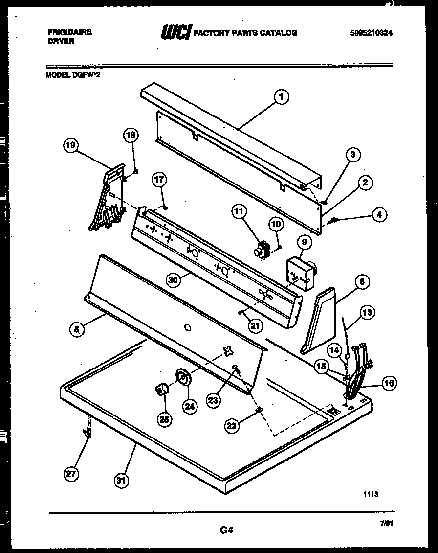 Frigidaire DGFW2 console and control parts diagram