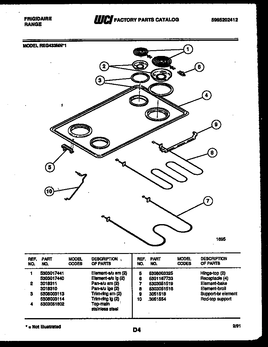 Frigidaire REG433MNW1 cooktop and broiler parts diagram