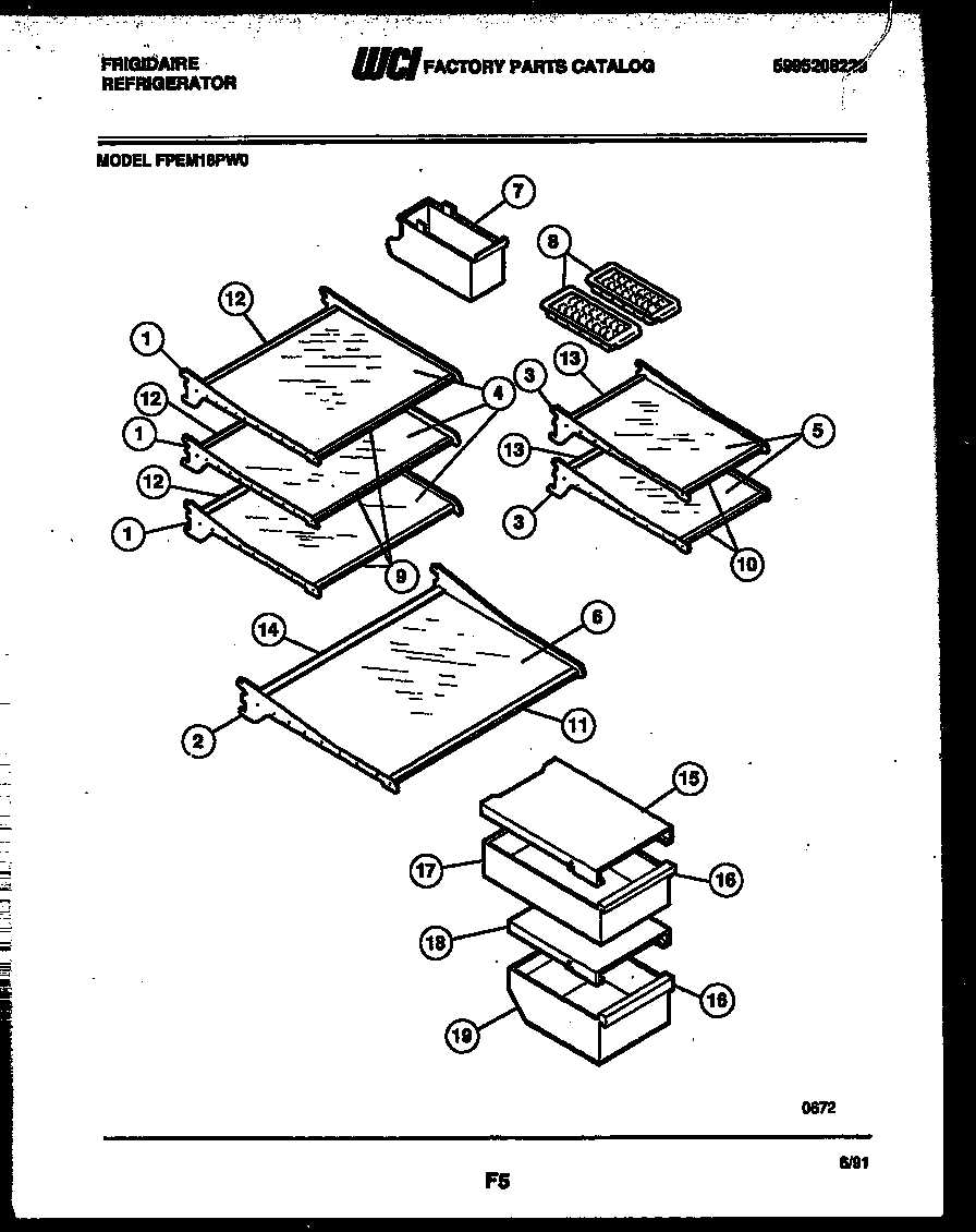Frigidaire FPEM18PL0 shelves and supports diagram