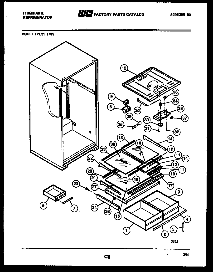 Frigidaire FPE21TFF3 shelves and supports diagram