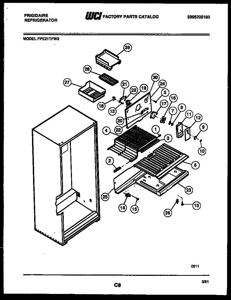 Frigidaire FPE21TFF3 shelves and supports diagram